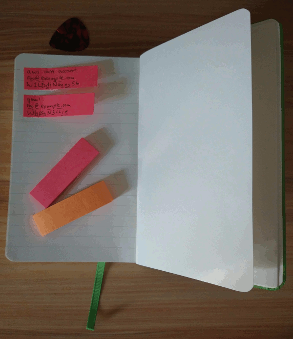 A small notepad with passwords in it