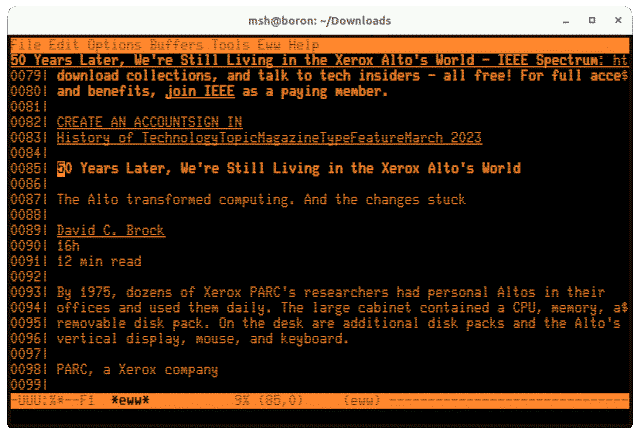 Article about the Xerox Alto viewed using a terminal-based text-only web browser.